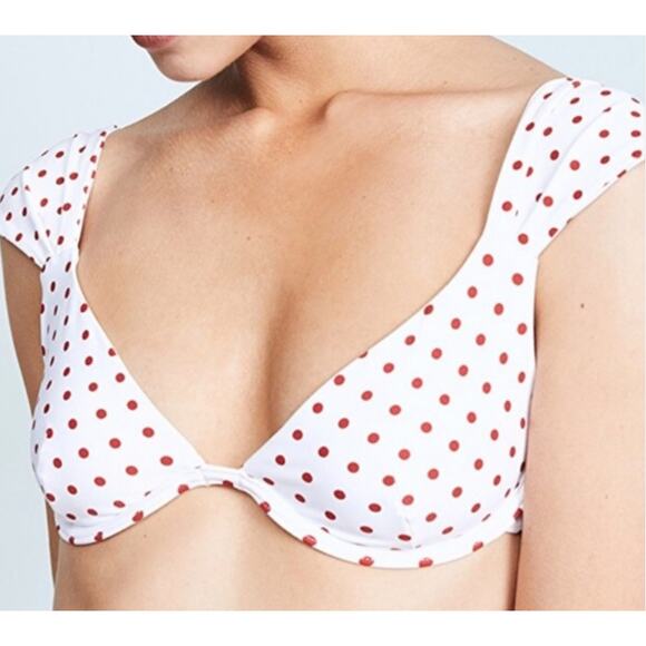 Onia x WeWoreWhat Polka Dot Underwire Bikini Top Cap Sleeve Red L Retro - Picture 2 of 8